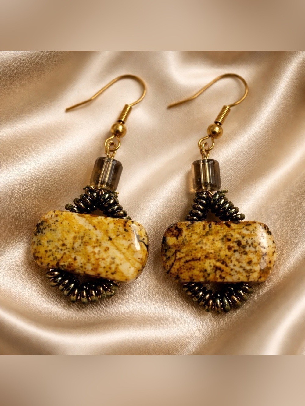 Picture Jasper & Smoky Quartz Earrings | African Brass Gold Vermeil NWT